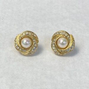 Dior Vintage 70s/80s 18k Gold Plated Faux Pearl Crystal Swirl Clip-On Earrings